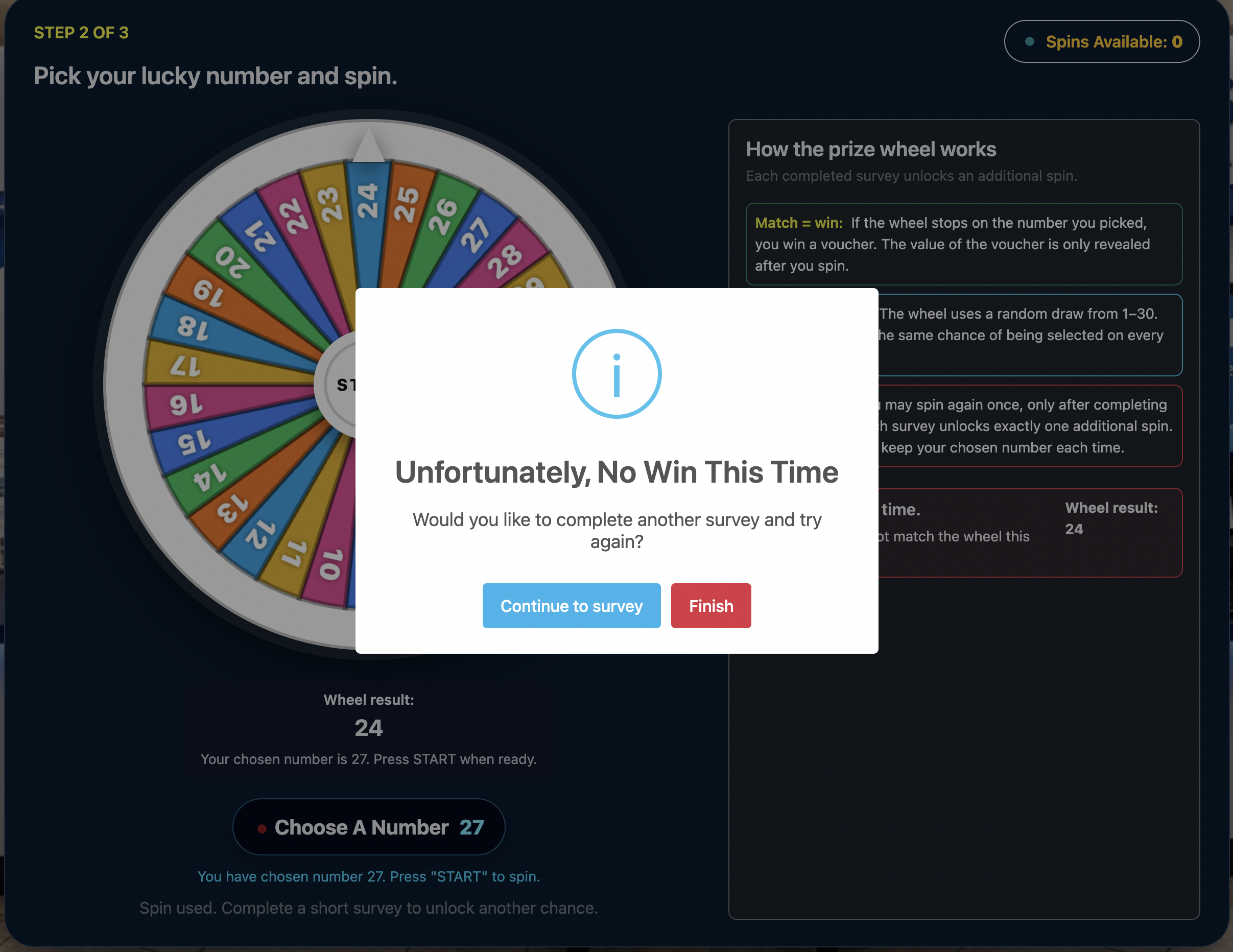 TrackPulse spin result no win page
