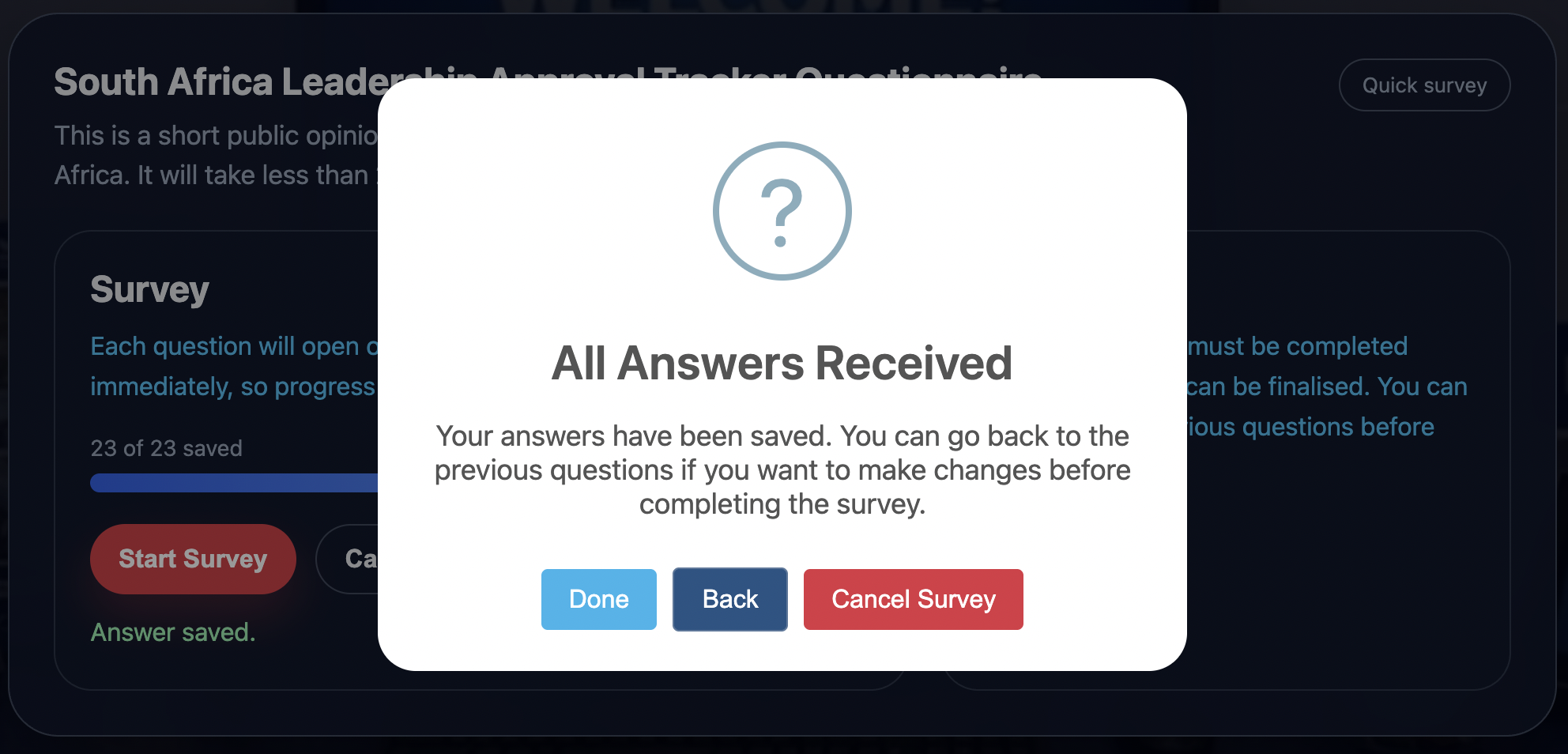 TrackPulse survey completion unlock message